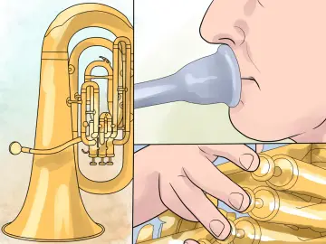 Tuba-Steckbrief für Kinder: So lernt man das Instrument kennen. Ein Kind bläst ins Mundstück, die Finger liegen auf den Ventilen.