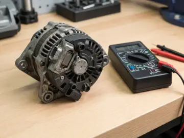Alternator i multimetr na drewnianym stole. Przygotowanie do sprawdzenia regulatora napięcia.