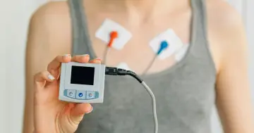 Holter co to? Urządzenie do monitorowania pracy serca z elektrodami na klatce piersiowej i małym rejestratorem w dłoni.