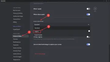Ustawienia Discorda: zakładka "Voice & Video", pod "Audio Subsystem" wybierz "Legacy". To może pomóc, jak naprawić Discord nie łączy.