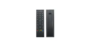 Dwa piloty Toshiba CT-90326: jeden z przodu z przyciskami, drugi z tyłu.
