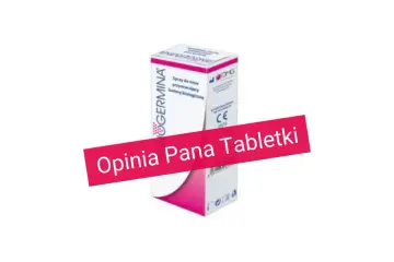 Opakowanie sprayu do nosa Rinogermina z napisem "Opinia Pana Tabletki".