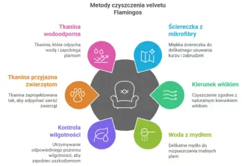 Jak wyczyścić fotel z materiału? Diagram pokazuje metody: tkanina wodoodporna, przyjazna zwierzętom, kontrola wilgotności, ściereczka z mikrofibry, kierunek włókien i woda z mydłem.