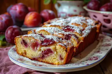 Ciasto śliwkowe posypane cukrem pudrem na talerzu z kwiatowym wzorem, obok świeże śliwki.