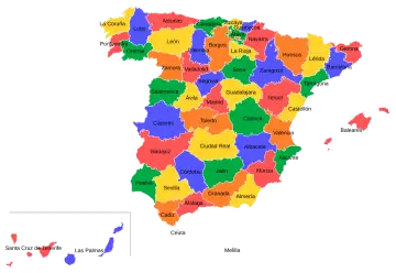 Mapa Hiszpanii podzielona na prowincje, pokolorowane różnymi kolorami, z nazwami prowincji.