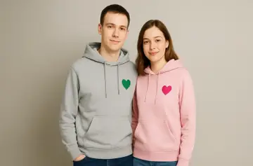 Szara bluza z zielonym sercem dla męża i różowa bluza z różowym sercem dla żony. Idealny komplet dla zakochanych.