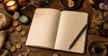 Otwarta księga, świeca, kryształy i drewniane krążki z cyframi. Czy to numerologiczna 10 czy 1?