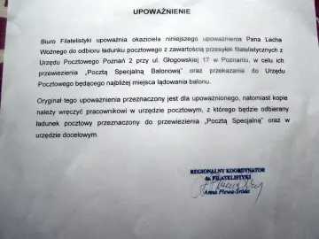UPOWAŻNIENIE dla Pana Lecha Woźnego do odbioru przesyłek filatelistycznych z Urzędu Pocztowego Poznań 2. Oryginał dokumentu jest dowodem, że posiada pozwolenie na użytkowanie.
