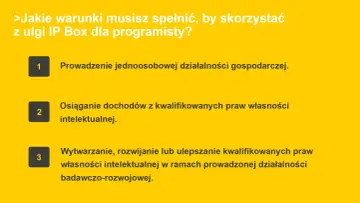 Warunki ulgi IP Box dla programisty: jednoosobowa działalność, dochody z IP, rozwój IP w ramach B+R.