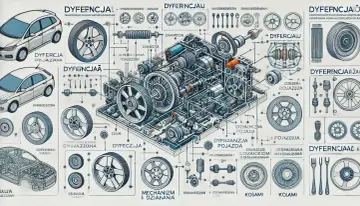 Ilustracja techniczna przedstawiająca schemat budowy dyferencjału z elementami samochodowymi i kołami.