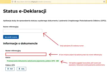 Strona do sprawdzania statusu e-Deklaracji. Wpisz numer referencyjny, by pobrać UPO.