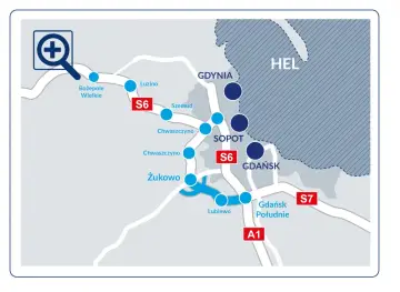Mapa obwodnica metropolitalna Trójmiasta: S6, S7, A1 łączą Gdynię, Sopot, Gdańsk, Hel i okoliczne miejscowości.