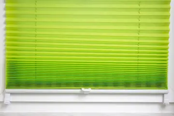 Grünes Plissee zu lang, schlimm. Die Falten sind eng und gleichmäßig, die Farbe verläuft von hellgrün zu einem kräftigeren Ton.