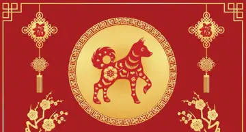 Czerwony pies, chiński znak zodiaku 2006, w złotej ramie z ozdobnymi węzłami i kwiatami.
