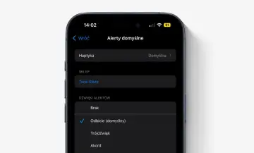 Ustawienia iPhone'a: dźwięki powiadomień. Widoczna opcja "Odbicie (domyślny)" jako wybrany dźwięk alertu.