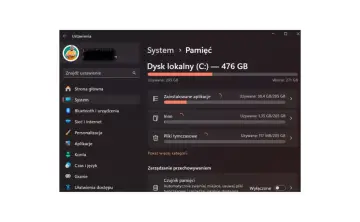 Ustawienia Windows 10: zarządzanie pamięcią dysku lokalnego C:, przegląd zajętego miejsca przez aplikacje i pliki tymczasowe.