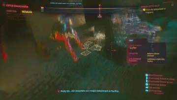 Wizualizacja z gry, trzecia część nocy cyberpunk. Szukasz wskazówek w nagraniu, skanujesz ulotki z Pacifiki.
