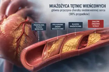 Przekrój tętnicy wieńcowej pokazujący rozwój miażdżycy, głównej przyczyny choroby niedokrwiennej serca. Widoczne zdrowe naczynie, początkowe zmiany, blaszka miażdżycowa i znaczące zwężenie.