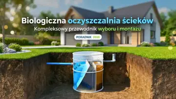 Przekrój pokazuje działanie biologicznej oczyszczalni ścieków w domu. Widać podziemny zbiornik z podziałem na komory, do którego doprowadzona jest rura kanalizacyjna.