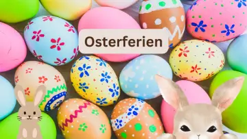 Bunte Ostereier und Hasenfiguren, bereit für die Osterferien Sachsen 2026.