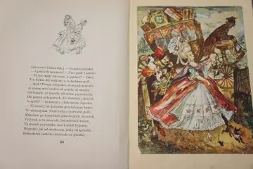 Ilustracja do satyry Ignacego Krasickiego: dama w balowej sukni i karoca pełna bagaży.