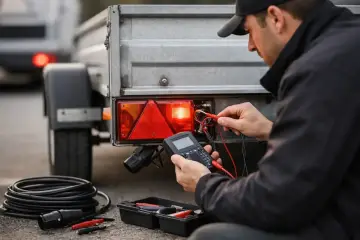 Man felsöker elen på en husvagn. Ett vanligt hobby husvagnar problem som kan uppstå.