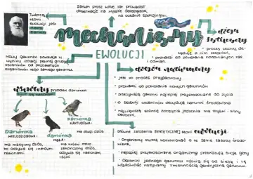 Karol Darwin i jego teoria ewolucji. Schemat przedstawia mechanizmy ewolucji, dobór naturalny i powstawanie nowych gatunków.