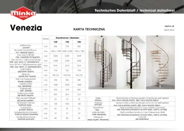 Schody kręcone Venezia. Tabela techniczna zawiera wymiary, takie jak promień zewnętrzny, minimalna wielkość otworu, wysokość kondygnacji, głębokość stopnia i światło przejścia.