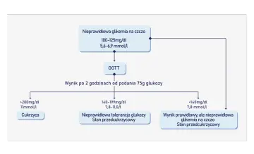 Schemat diagnostyki cukrzycy: badanie glukozy jak się przygotować. Pokazuje wyniki OGTT i glikemii na czczo.