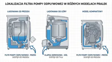 Schemat lokalizacji filtra pompy odpływowej w różnych pralkach. Dowiedz się, jak wyczyścić filtr w pralce bez zalania całej łazienki wodą, sprawdzając dostęp od przodu lub tyłu.