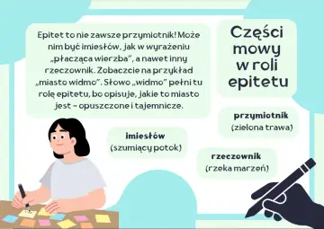 Dziewczynka pisze, ucząc się o częściach mowy w roli epitetu. Przykład: „miasto widmo” – „widmo” to epitet.