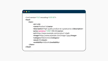 Fragment kodu XML, który pokazuje, jak opisać produkt: jego cenę, dostępność i kategorię. To jest przykład, co to jest XML.