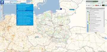 Mapa Polski z widocznymi miastami i drogami. W lewym menu opcja "Wyszukiwanie działek" jest podświetlona. Geoportal Bielsk Podlaski.