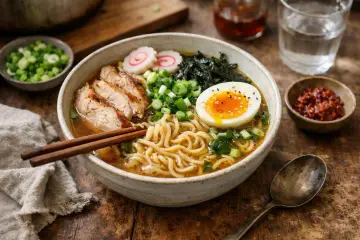 Un bol de ramen de poulet fumant avec des nouilles, des tranches de poulet grillé, un œuf mollet, des algues et des oignons verts.