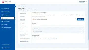 Strona "Twoje dane" w mObywatelu. Widoczny rejestr zastrzeżeń PESEL, informacja o niezastrzeżonym numerze PESEL i opcja jego zastrzeżenia.