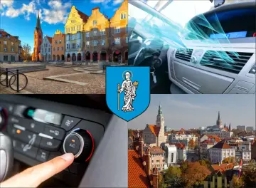 Kolaż: Rynek w Olsztynie, wnętrze samochodu z klimatyzacją, herb miasta i panorama Olsztyna.