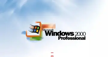 Logo Microsoft Windows 2000 Professional na tle błękitnego nieba z chmurami.