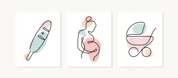 Trzy minimalistyczne grafiki: termometr z plusem, ciężarna kobieta i wózek dziecięcy. Symbolizują początek życia, od pierwszych oznak, przez rozwój, aż po narodziny. Trofoblast to początek tej drogi.
