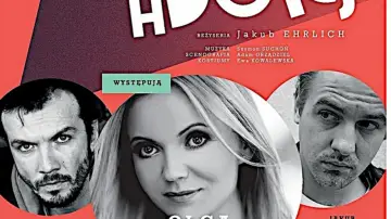 Plakat "Żona do adopcji" z portretami aktorów: mężczyzny z brodą, kobiety i mężczyzny z zaciekawionym spojrzeniem.