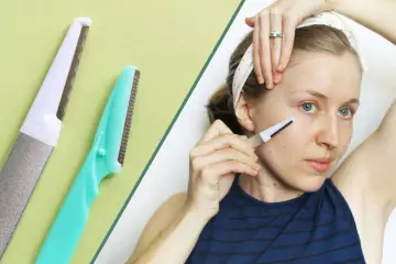 Dermaplaning for men: A woman uses a facial razor, similar to those used for dermaplaning, to exfoliate her skin.