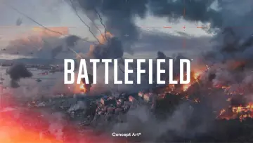 Widok na miasto w ogniu, z dymem, płomieniami i śladami po pociskach. W tle widać okręty i helikoptery. To zapowiedź **Battlefield 7**.
