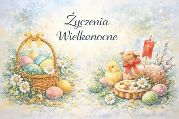 Wesołych życzeń świątecznych wielkanocnych! Koszyk z pisankami, kurczaczek, baranek z chorągiewką i mazurek.