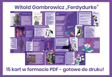 Grafika przedstawia schemat analizy "Ferdydurke" Witolda Gombrowicza, z elementami graficznymi nawiązującymi do dzieła, w tym stylizowaną gębę Ferdydurke.