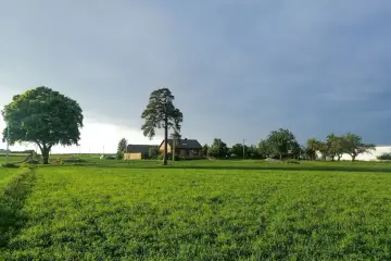 Zielone pole i domy wiejskie pod zachmurzonym niebem. Może to być krajobraz, gdzie rozważana jest opłata za wyłączenie gruntu z produkcji rolnej.