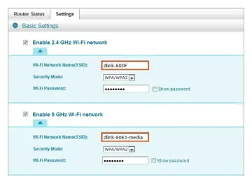 Ustawienia sieci Wi-Fi: nazwa sieci (SSID) "dlink-80DF" dla 2.4 GHz i "dlink-80E1-media" dla 5 GHz.