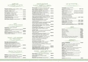 Menu karczmy na lednicy: dania główne, zupy, sałatki, desery i napoje.