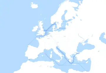 Mapa Europy z zaznaczonymi trasami morskimi i lądowymi, łączącymi porty od Portugalii po Turcję i Morze Czarne. Widać tu dfds, czyli połączenia między Wielką Brytanią, Skandynawią i Europą kontynentalną.