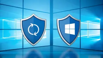 Dwa niebieskie tarcze z symbolami: jedna z ikoną odświeżania, druga z logo Windows. Tło to niebieskie okna, sugerujące system Windows 11 LTSC.