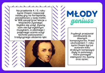 Portret młodego Fryderyka Chopina, z tekstem o jego wczesnej edukacji muzycznej i pierwszych kompozycjach. Fryderyk Chopin - biografia krótka.