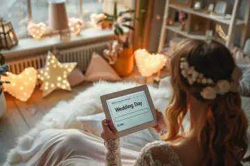 Une mariée consulte un guide sur sa tablette, le "Wedding Day", entourée de lumières en forme de cœur et d'étoiles. Le planning mariage jour j est en cours de préparation.